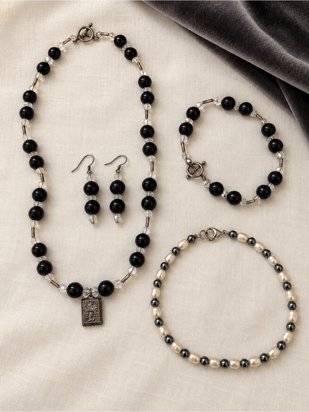 Handmade Black Beaded Jewelry Set with Silver Accents